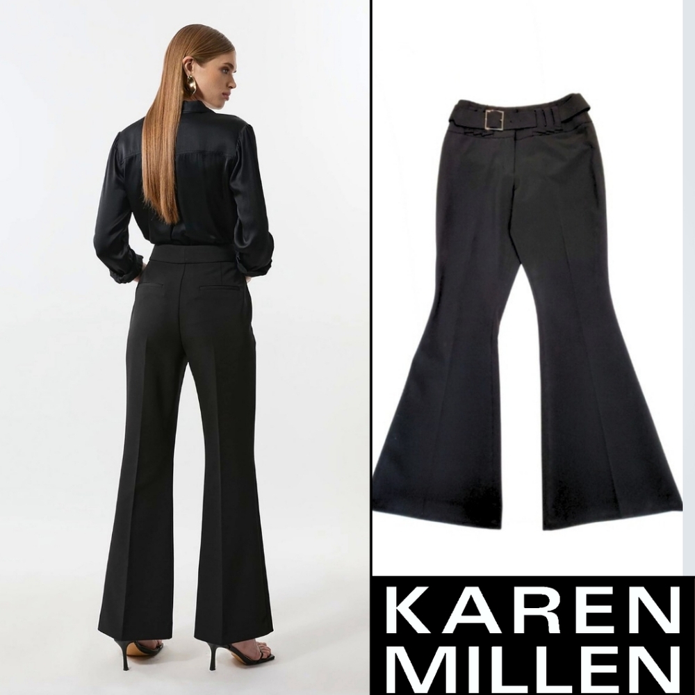 Karen Millen Black Boot Cut Flare Pants With Belt Office Trouser High Waist Sz 6